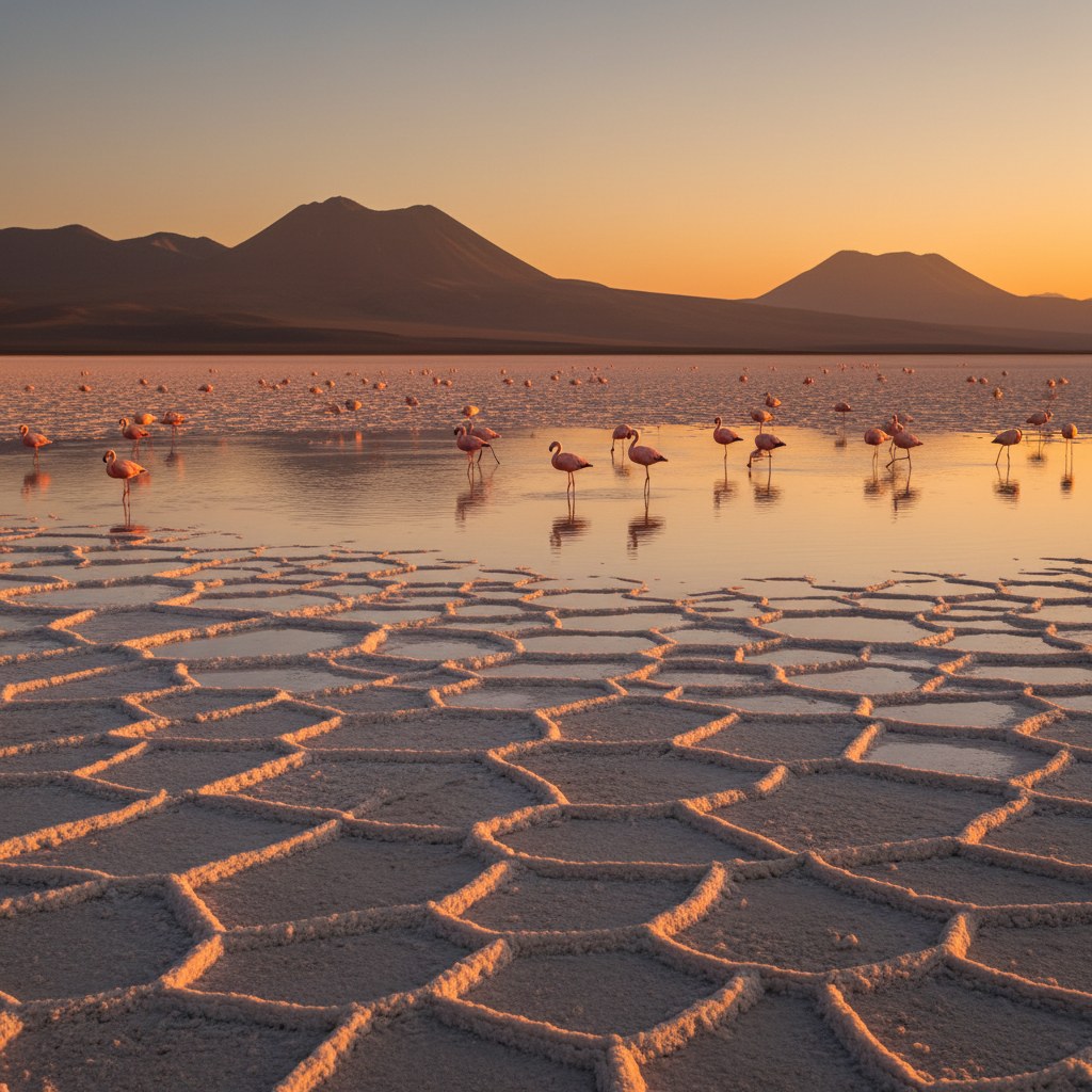 Salar de Atacama al atardecer con flamencos