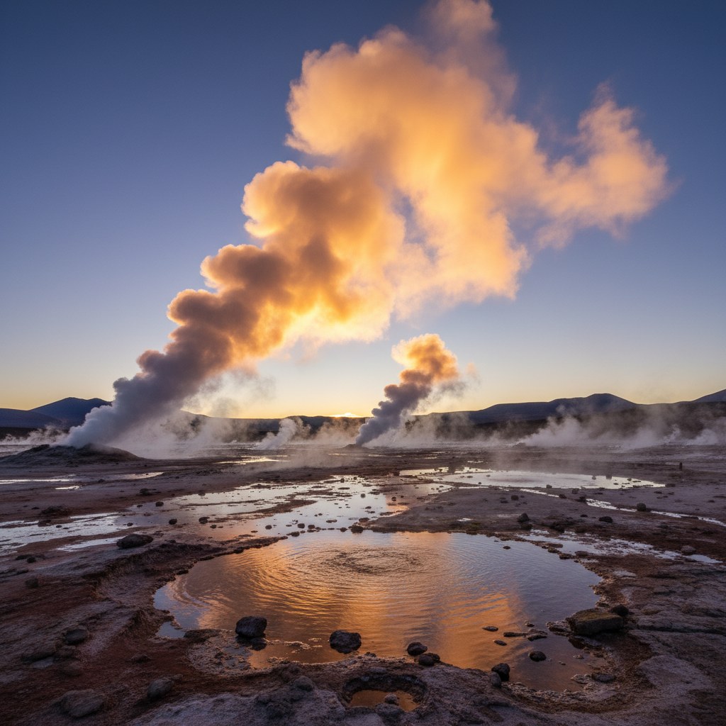 Termas del Tatio con vapor al amanecer